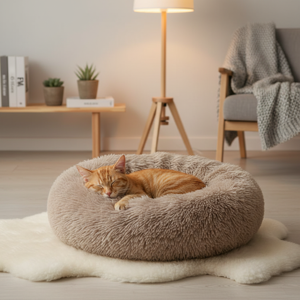 Lit rond ultra-doux lifestyle avec chat